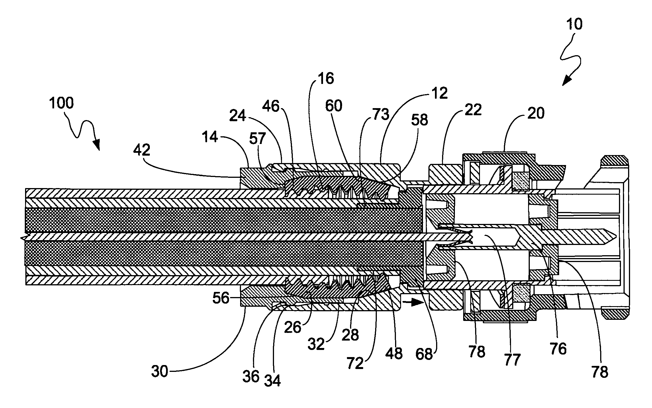 Coaxial cable connector with gripping ferrule