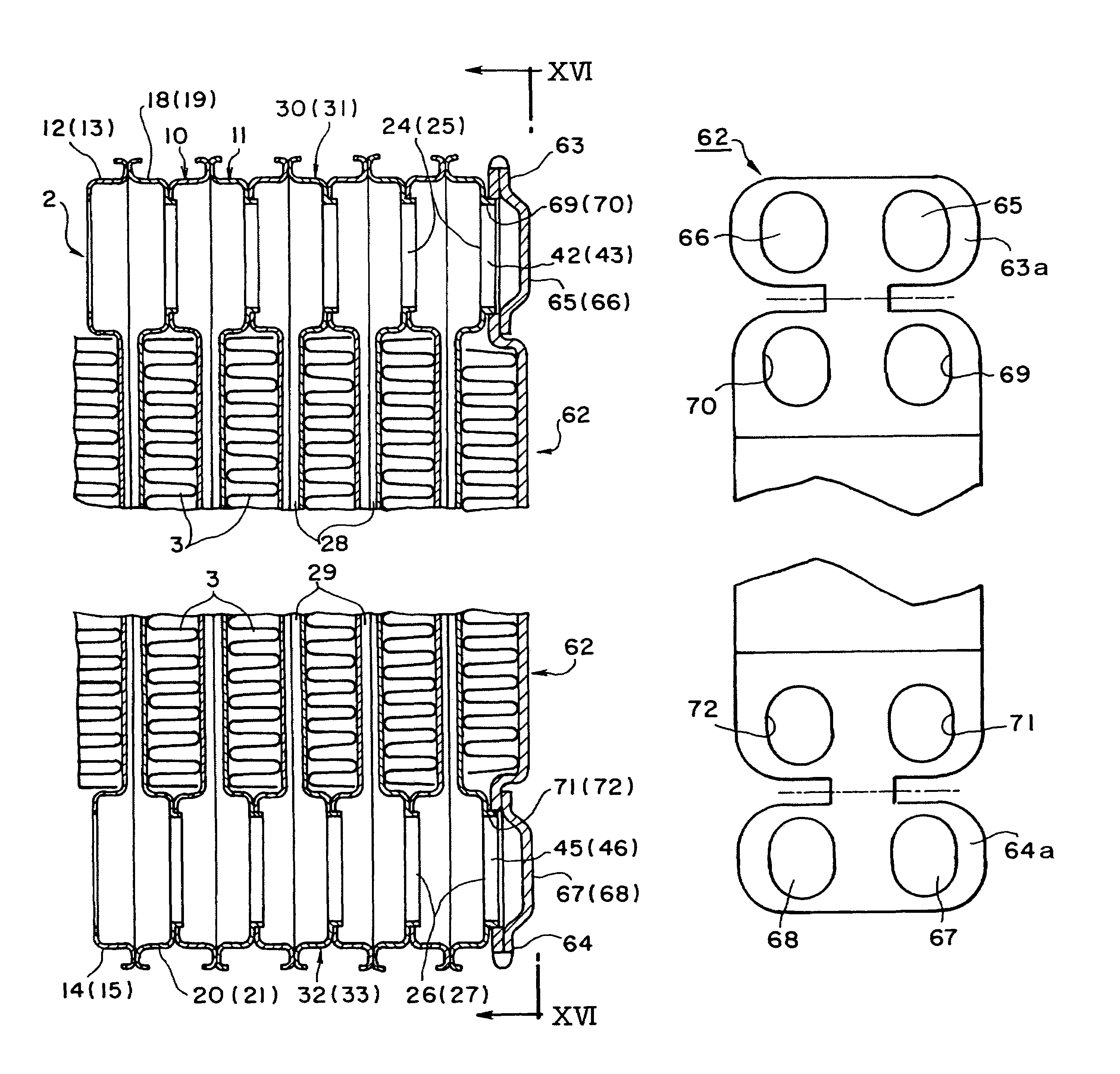 Stacking-type, multi-flow, heat exchanger