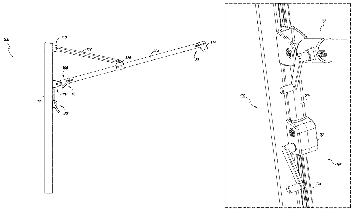 Cantilever umbrella with integrated control mechanisms