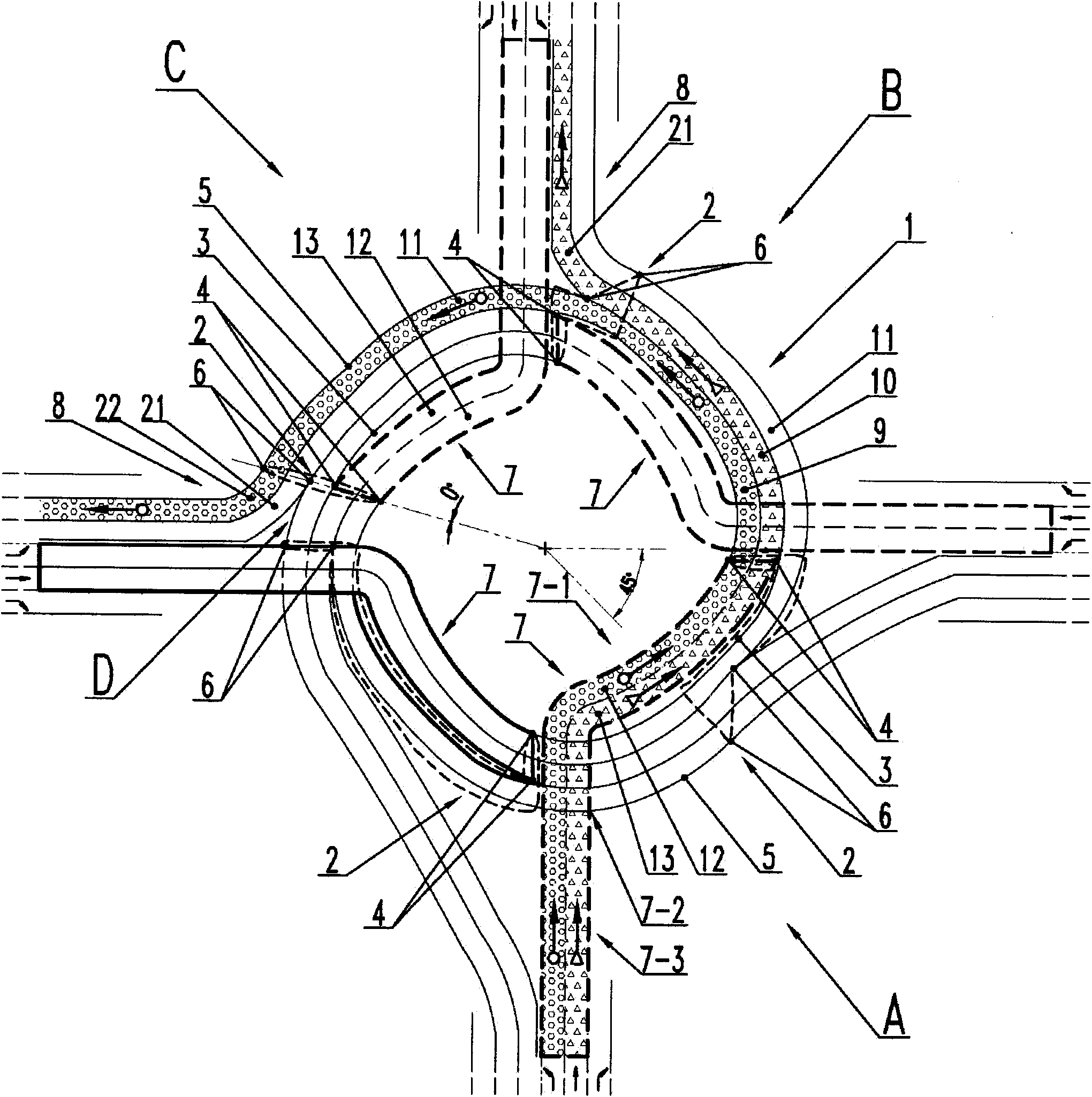 Smooth combination structure of four single bridges or tunnels turning in same direction at crossroad