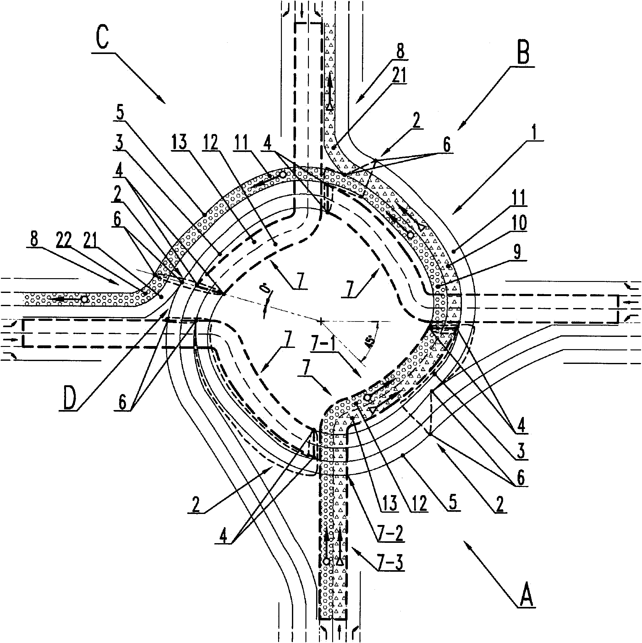 Smooth combination structure of four single bridges or tunnels turning in same direction at crossroad