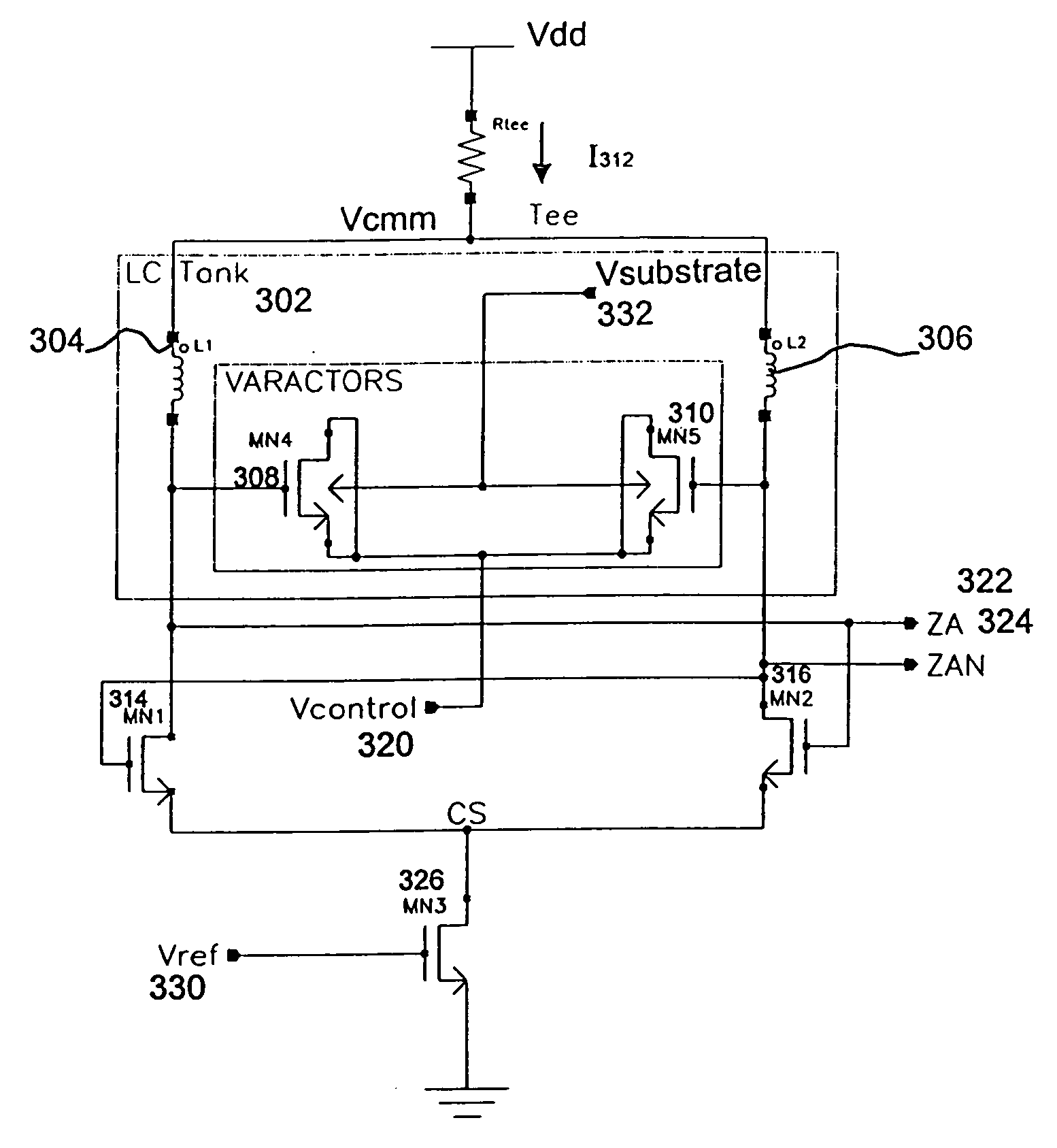 Voltage-controlled oscillator with four terminal varactors