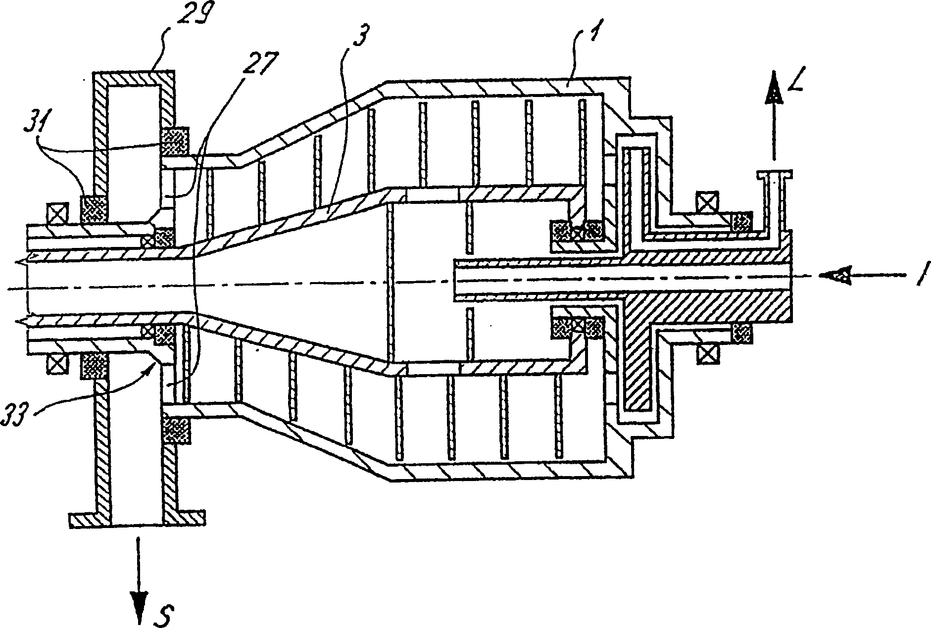 Solid bowl helical conveyor centrifuge with a pressurized housing