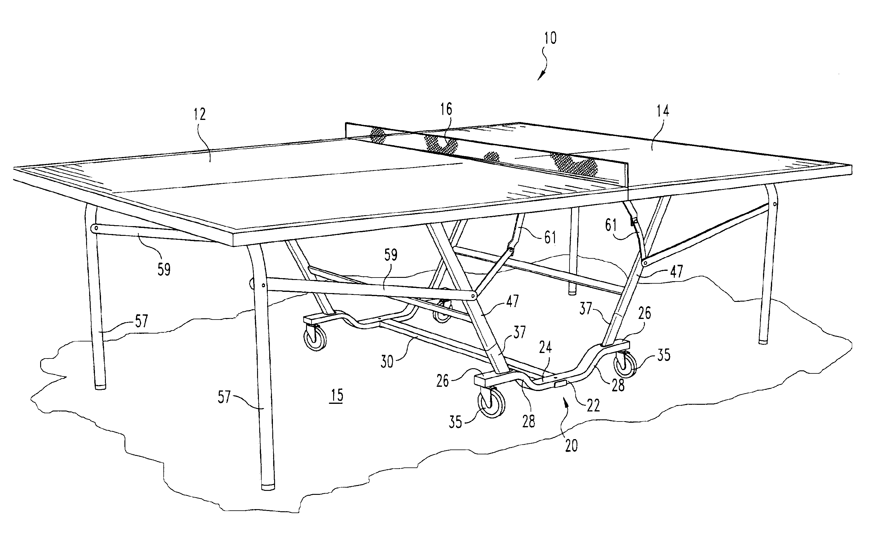 Collapsible tennis table assembly and base