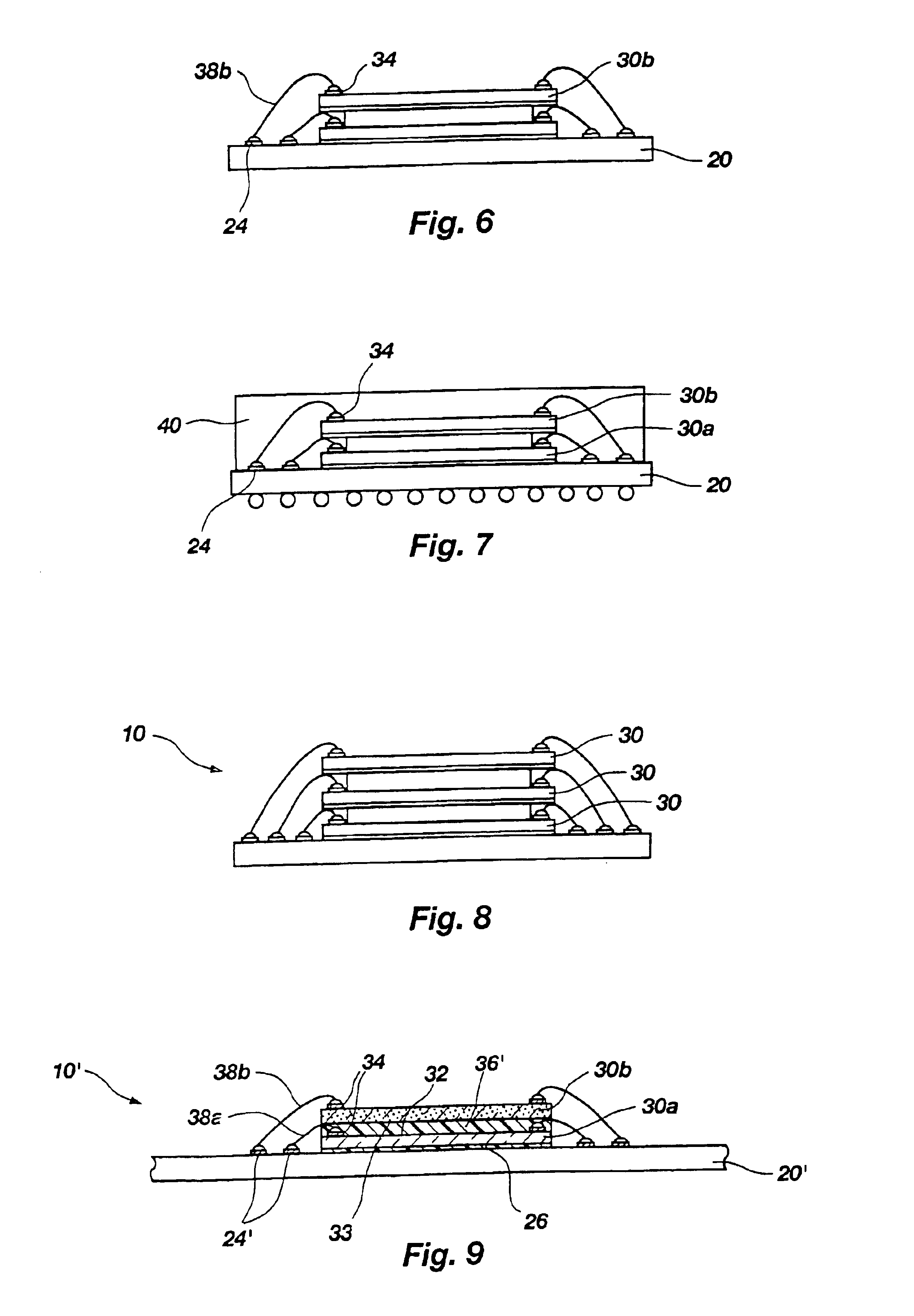 Assemblies including stacked semiconductor devices separated a distance defined by adhesive material interposed therebetween, packages including the assemblies, and methods