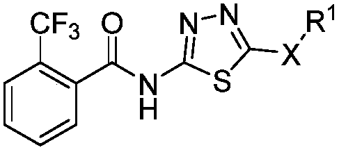 1,3,4-thiadiazole thioether (sulfone)-containing 2-(trifluoromethyl)benzamide derivative and preparation and application thereof