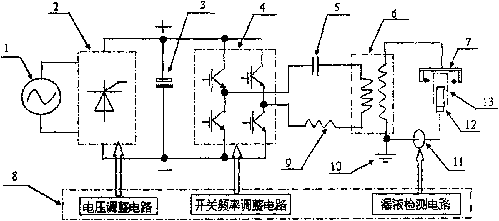 High-frequency high-voltage power supply for detecting leakage of plastic liquid container