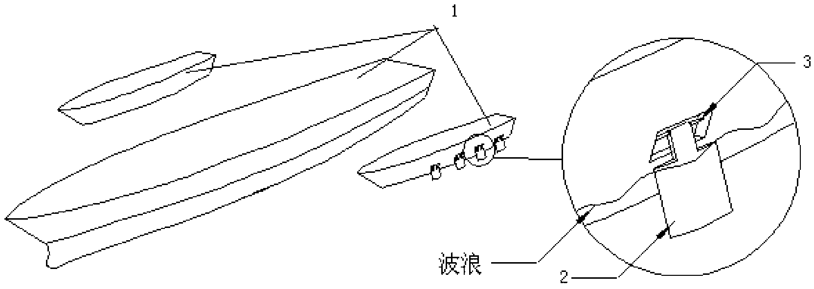 Wave power generation device for triple-hulled vessel and arrangement mode thereof