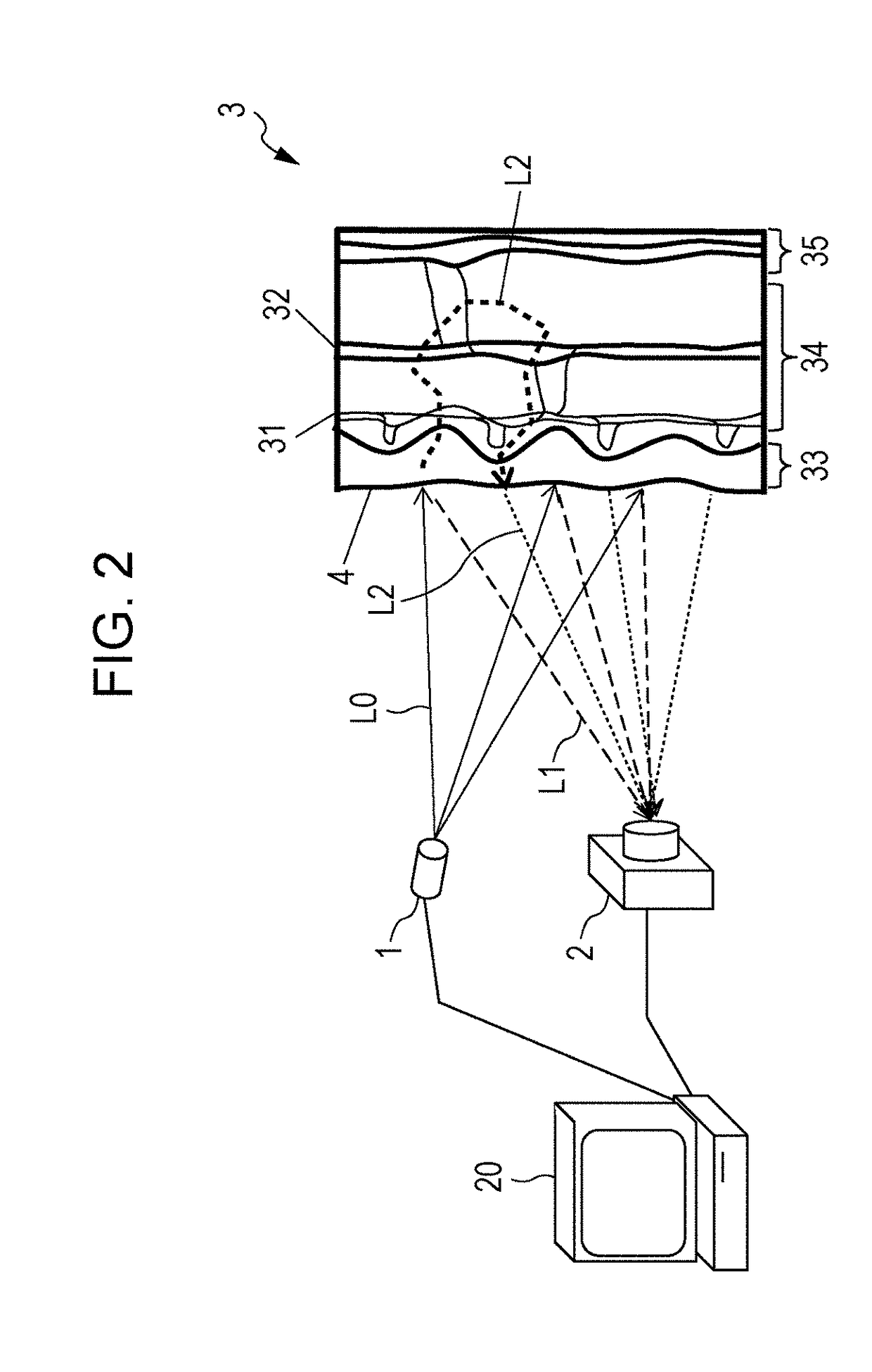 Biological information detection device using second light from target onto which dots formed by first light are projected