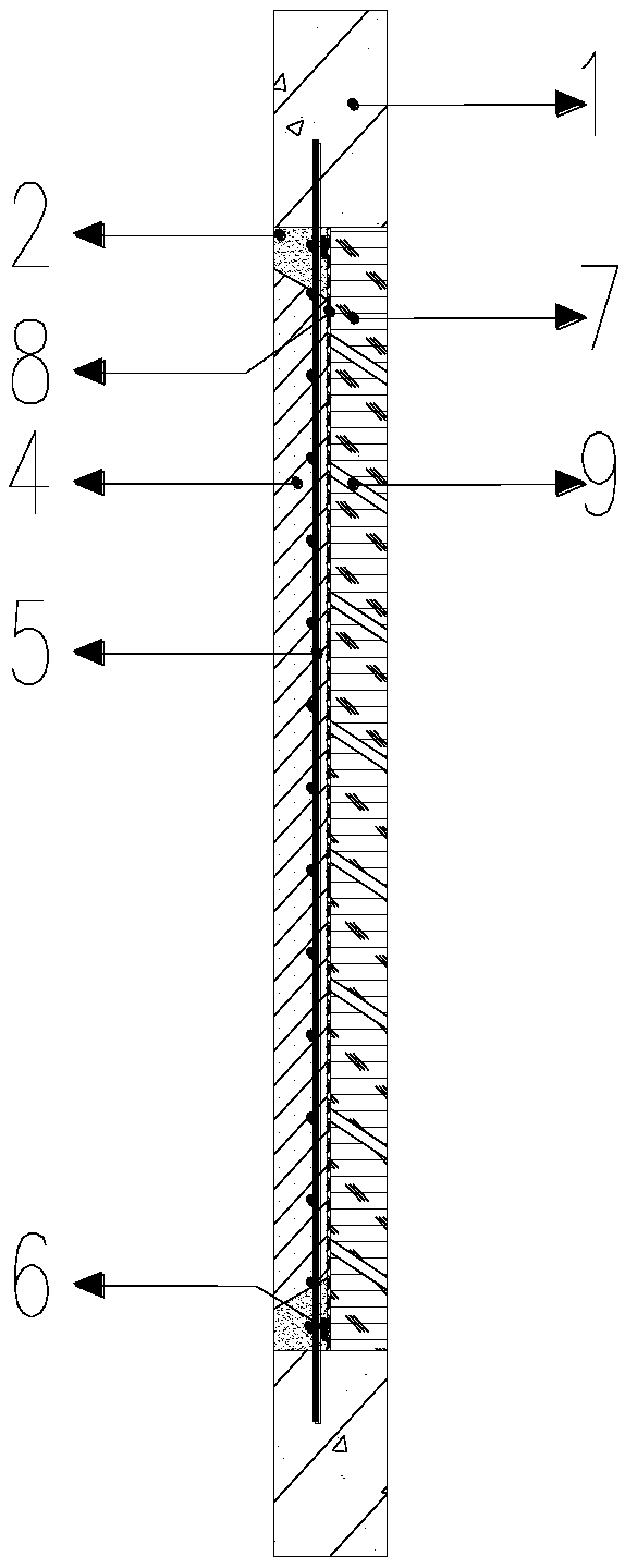 A leak-trapping and strengthening internal treatment structure and construction method for the external wall of the structure