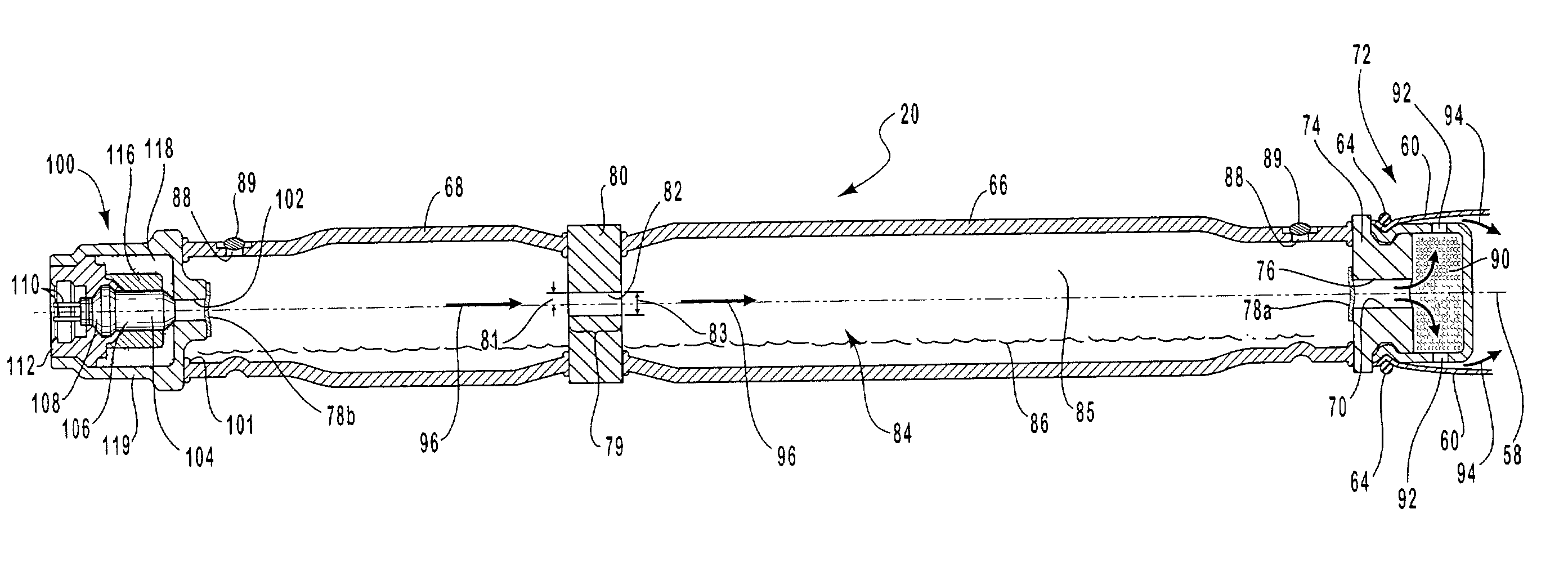 Dual stage inflator with extended gas delivery for a vehicular airbag system