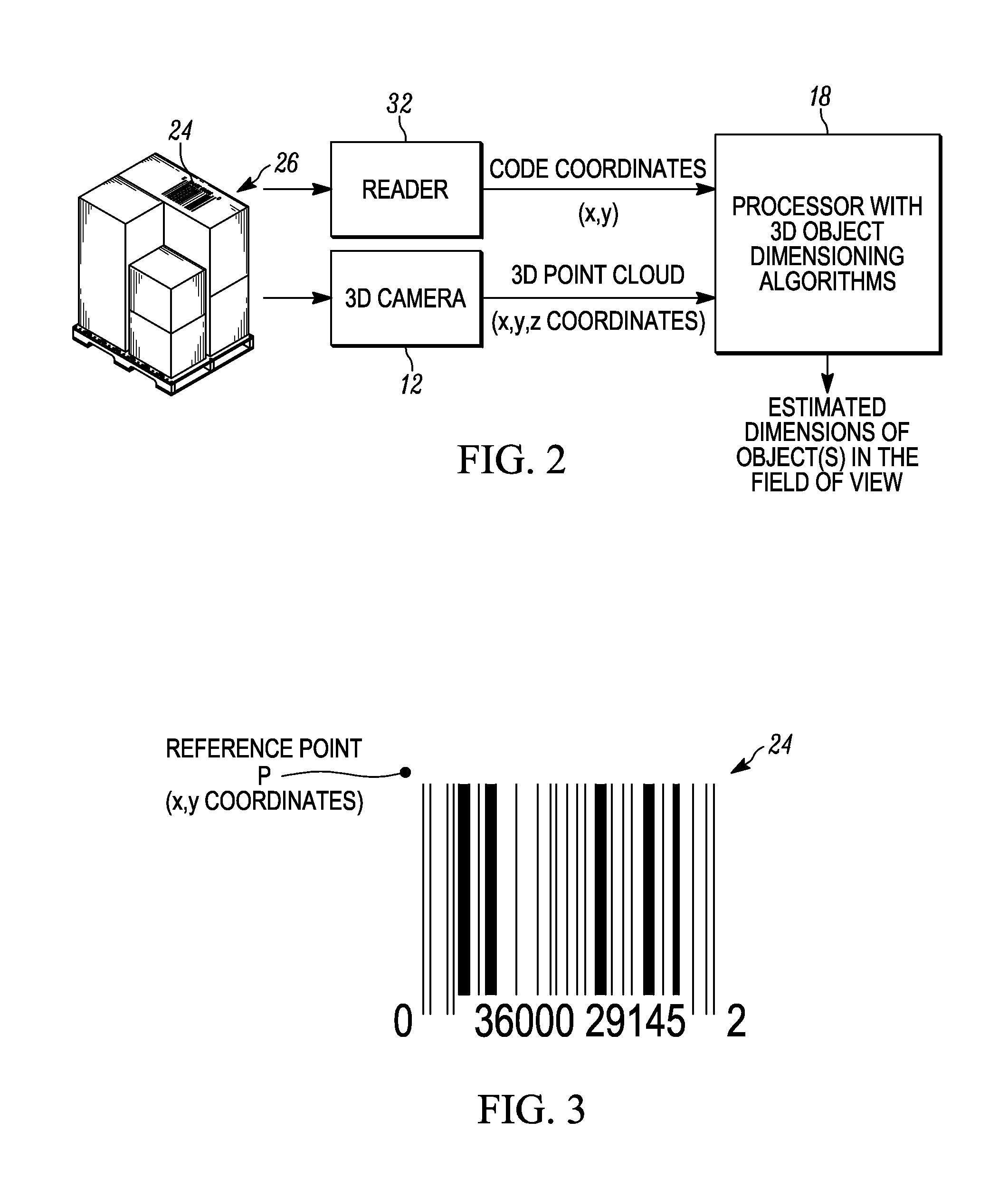 Apparatus for and method of estimating dimensions of an object associated with a code in automatic response to reading the code