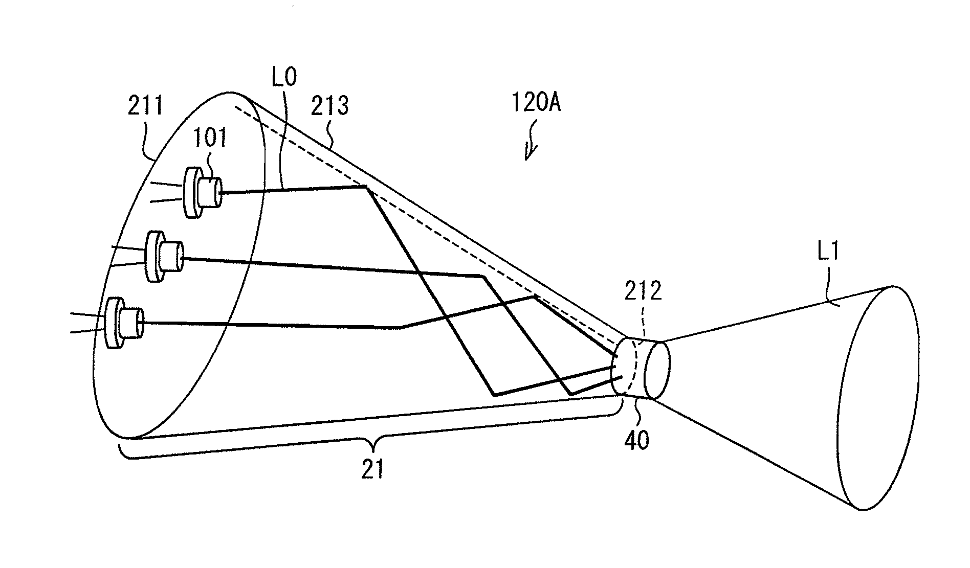 Light emitting device, with light guide member having smaller exit section, and illuminating device, and vehicle headlight including the same