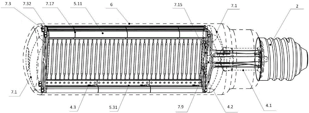 LED filament lamp bulb with arc-shaped thermal radiation supports and application of LED filament lamp bulb