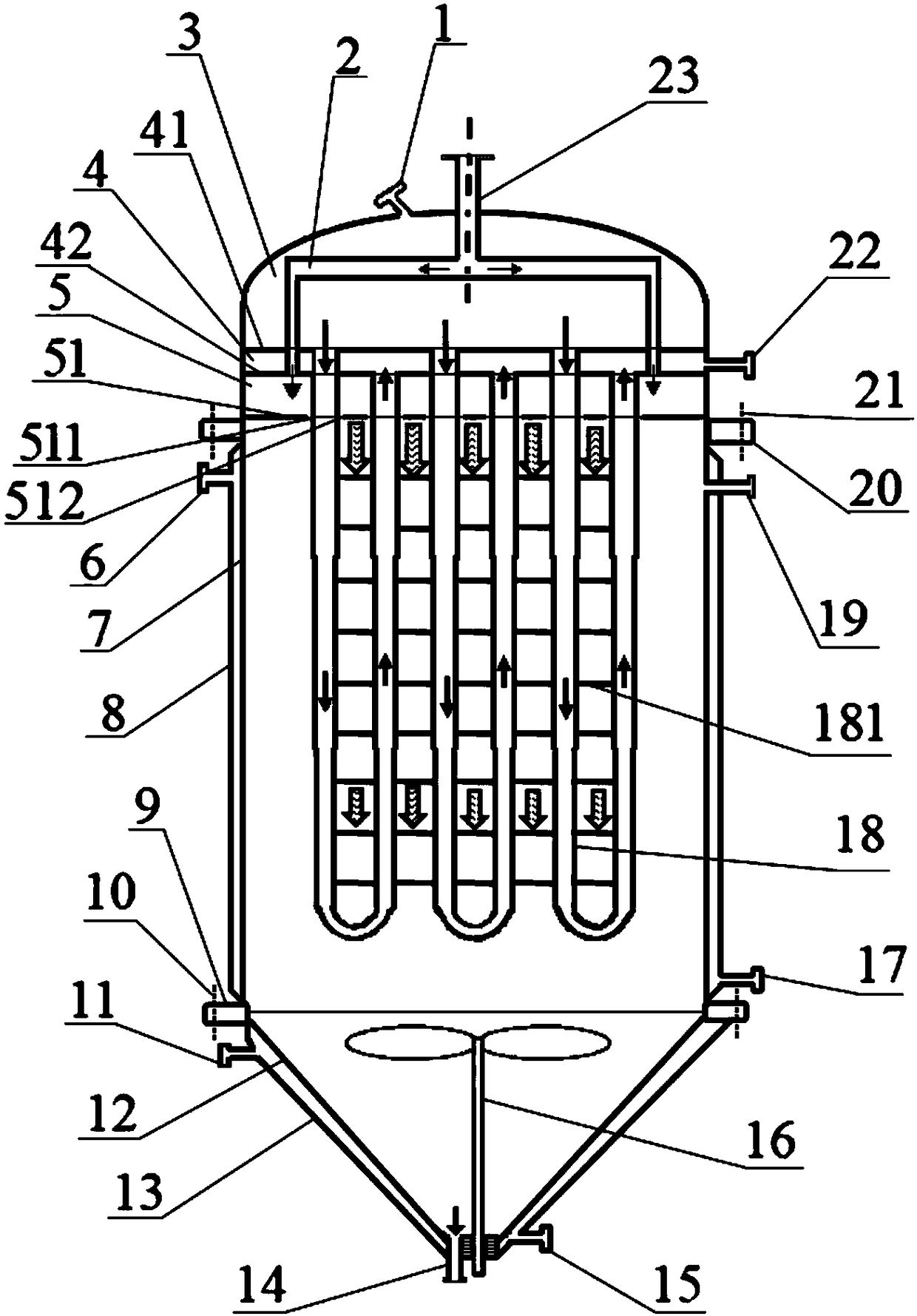 Falling film melt polycondensation reaction method and reactor between rows of tubes