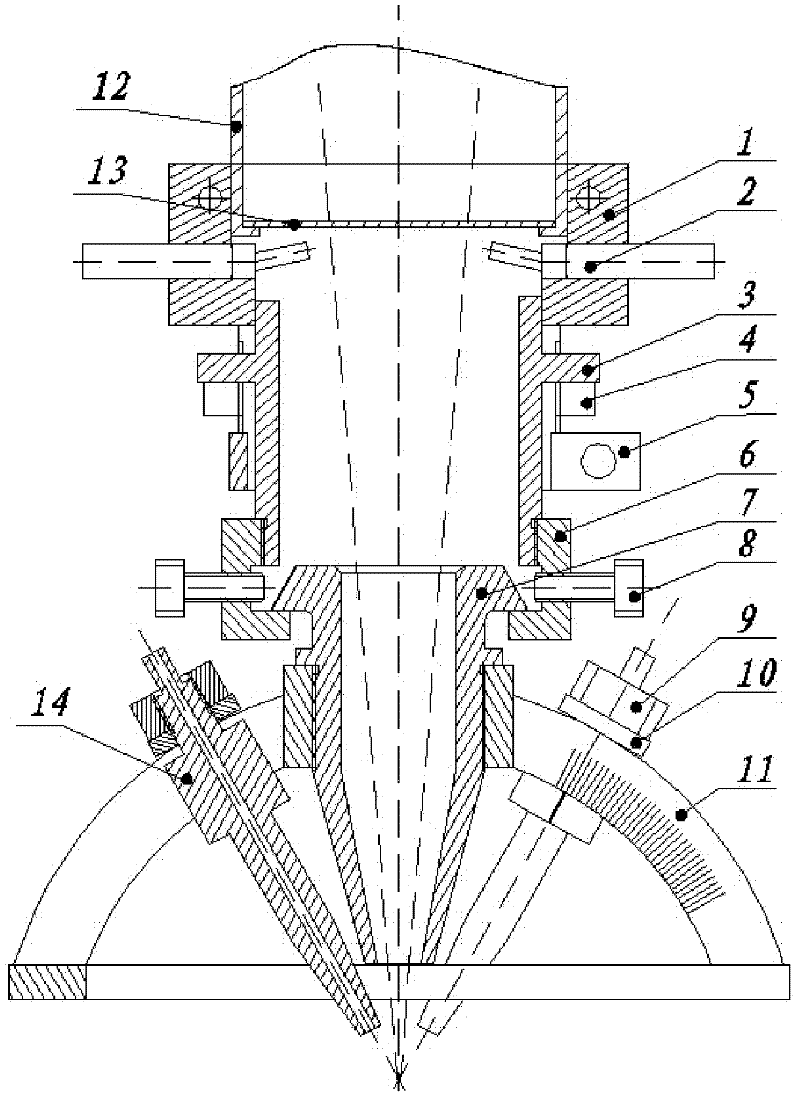 Angle-adjustable four-pipe powder feeding nozzle for laser direct forming