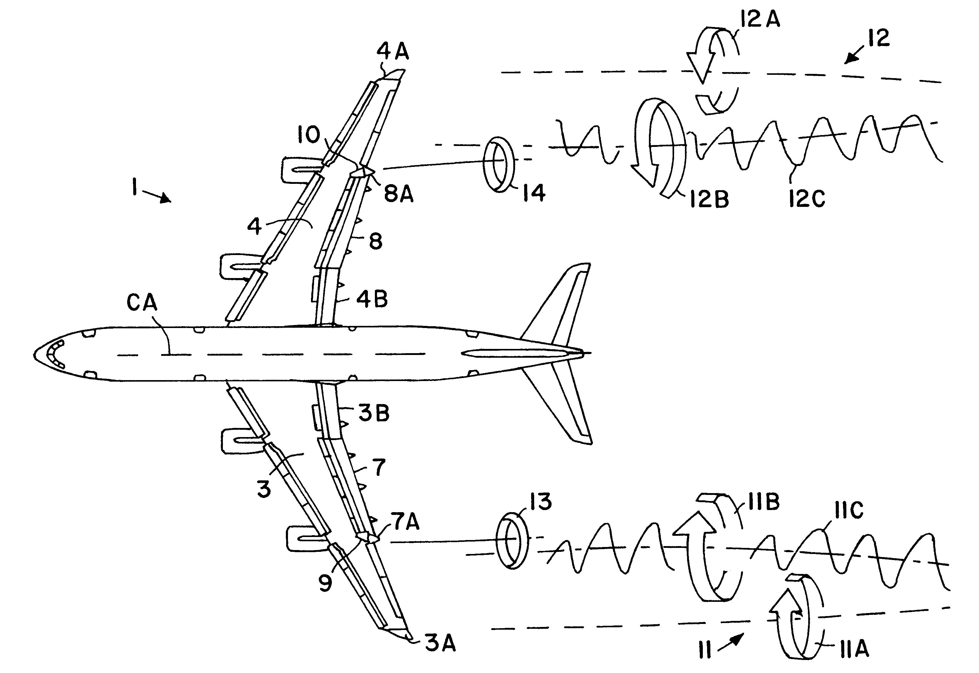 Method and apparatus for reducing trailing vortices in the wake of an aircraft