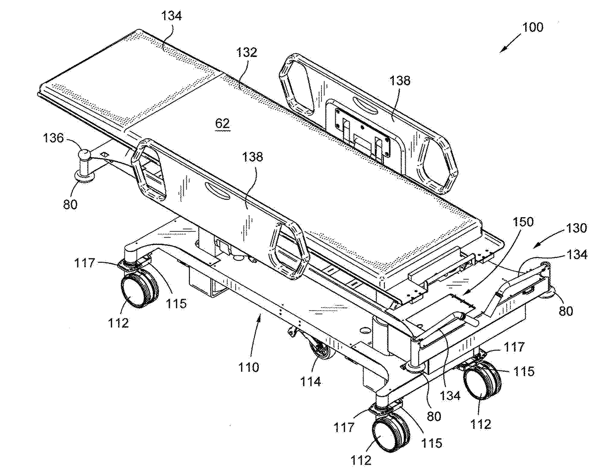 Electrically actuated wheeled stretcher system