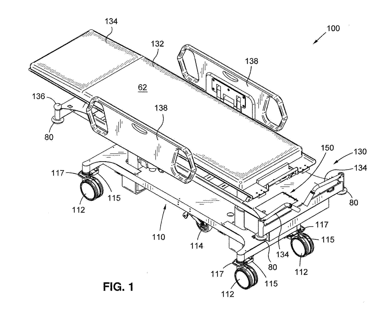 Electrically actuated wheeled stretcher system