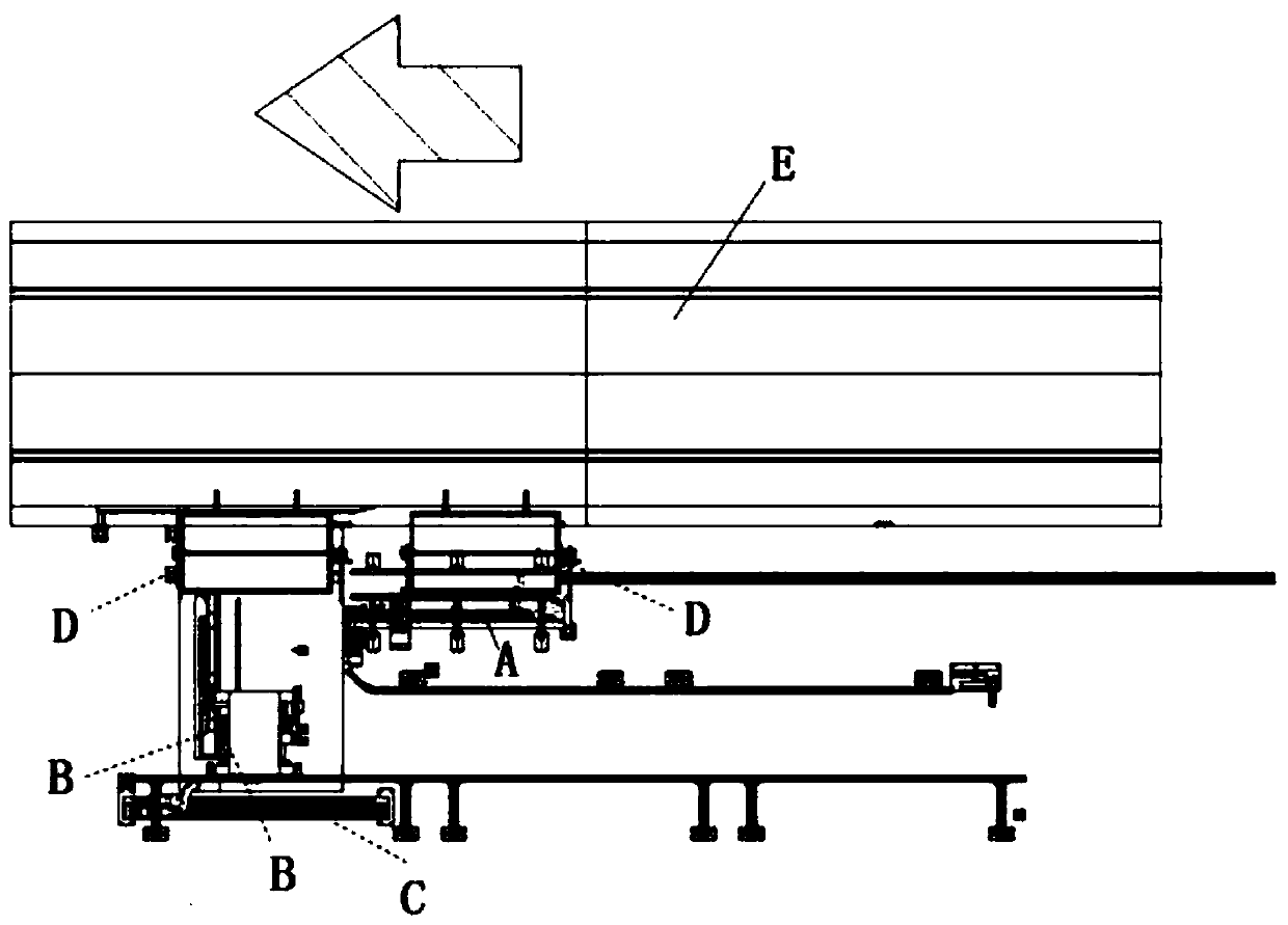 An integrated RGV-based material car off-line device and a car interior large skateboard line that can automatically take off the material car