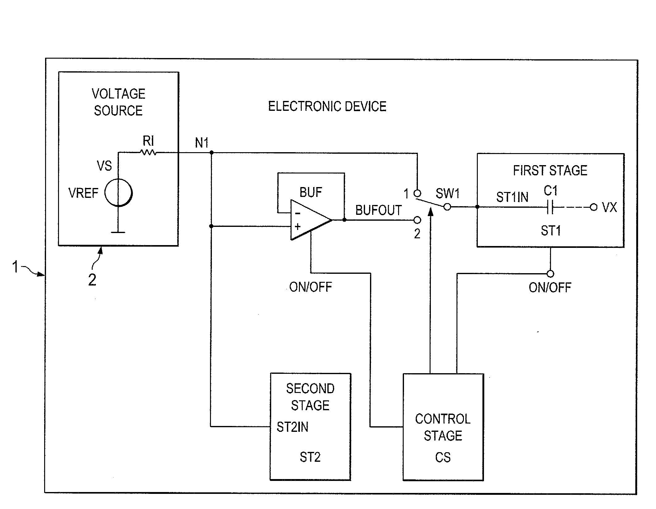 Electronic device and method for kickback noise reduction of switched capacitive loads and method of operating the electronic device