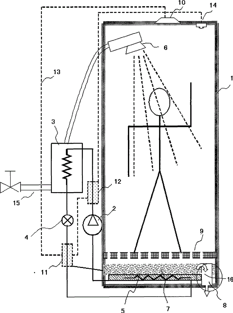 Heat pump-type shower booth having heat absorber directly under shower