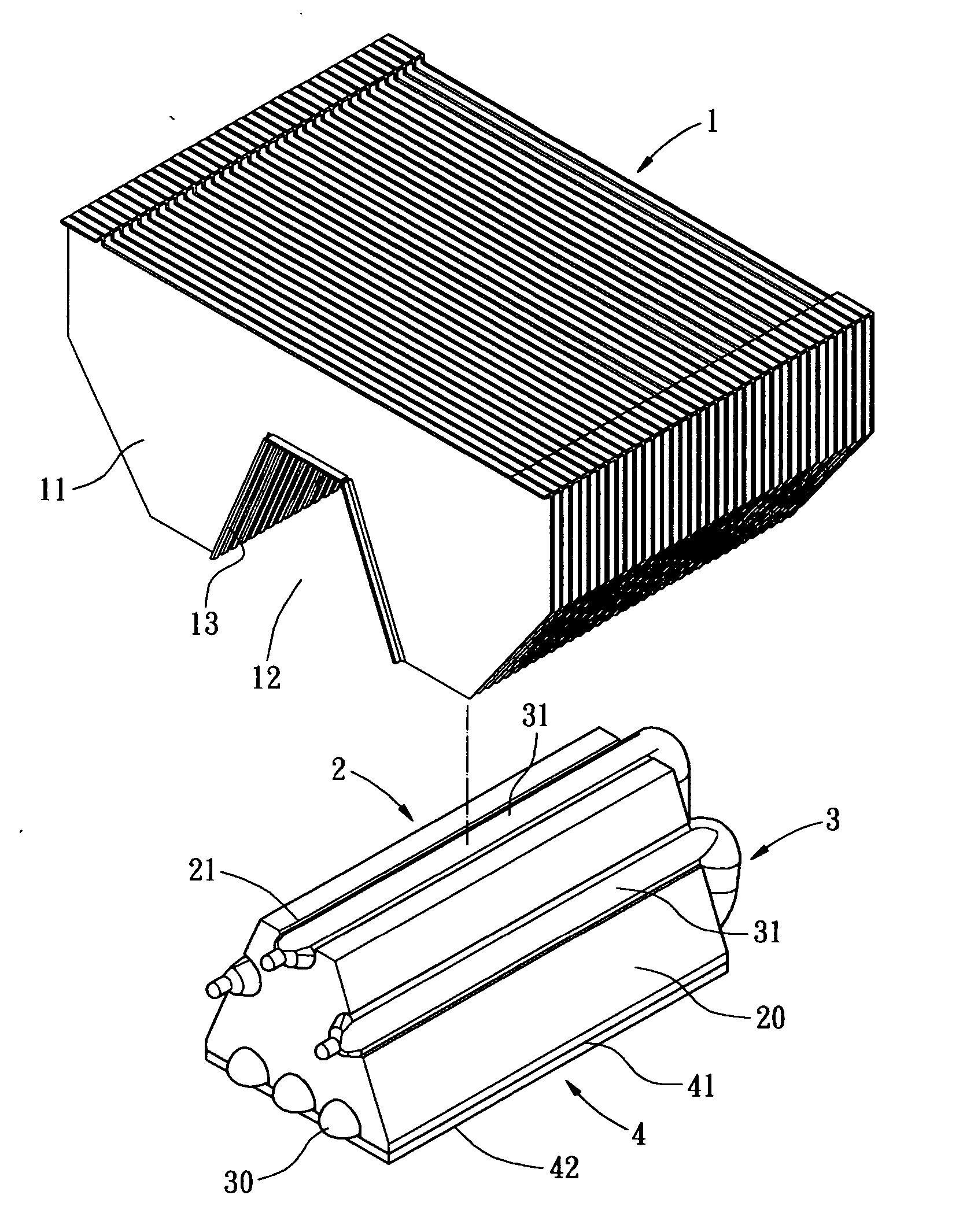 Heat pipe heat sink with holeless fin module