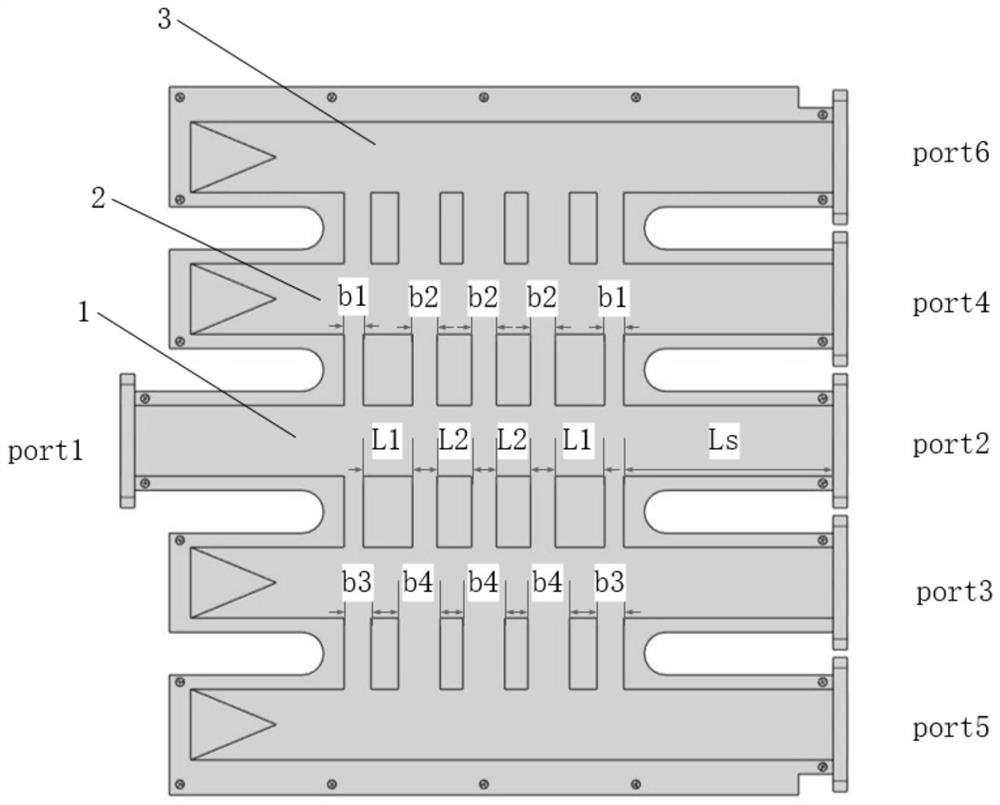 Multi-path waveguide power combiner based on E-surface porous expansion coupling structure