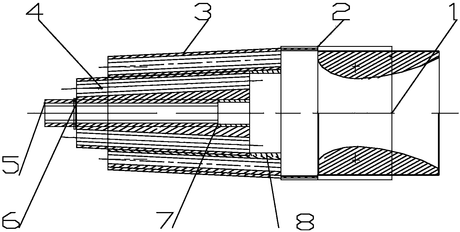 Pored inner-tooth layered nozzle with 15-degree taper angle