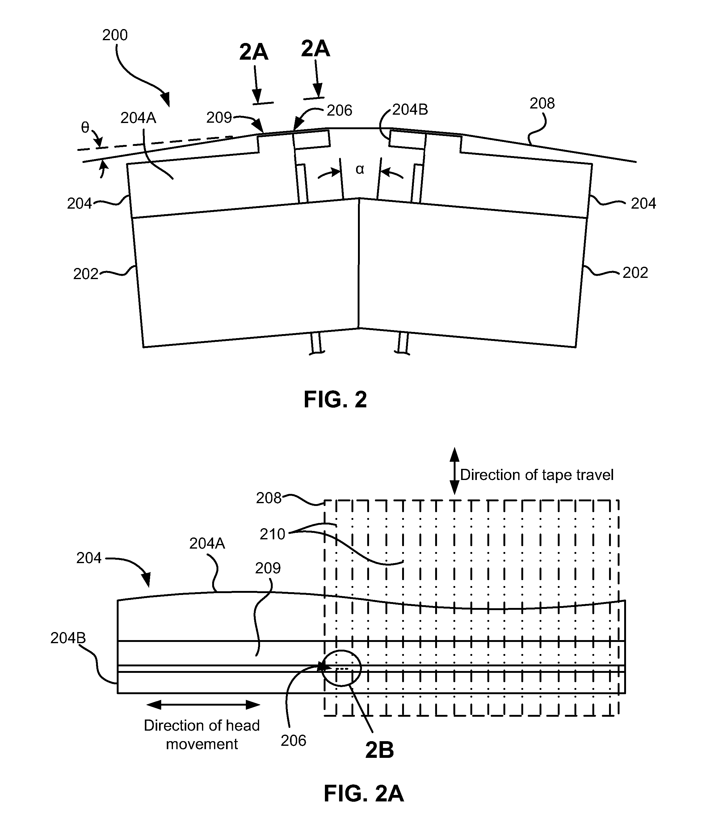 Quasi-statically tilted magnetic tape head having backward compatibility