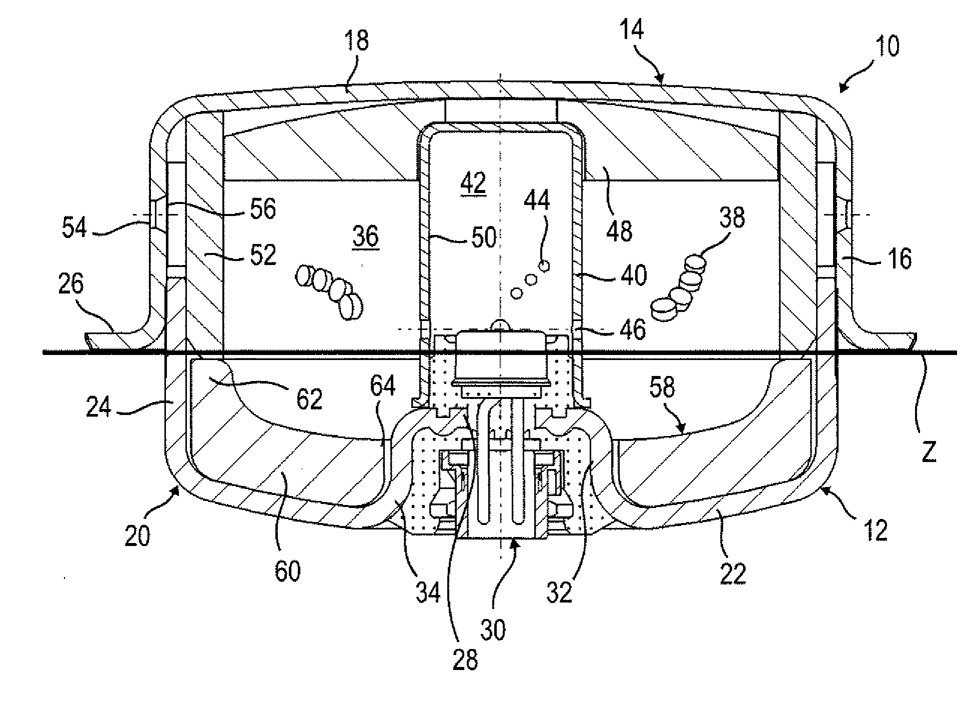 Vibration-damping inflator and airbag module for a vehicle including said inflator