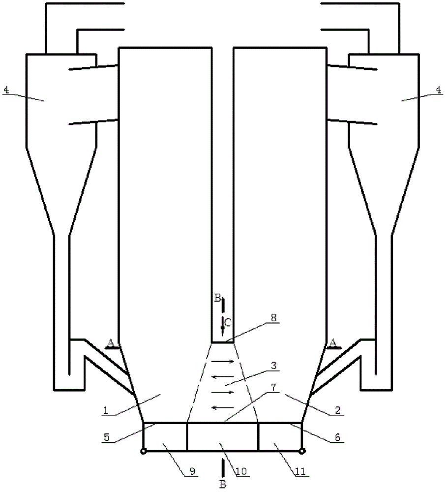 Large-scale circulating fluid bed boiler with buffering bed