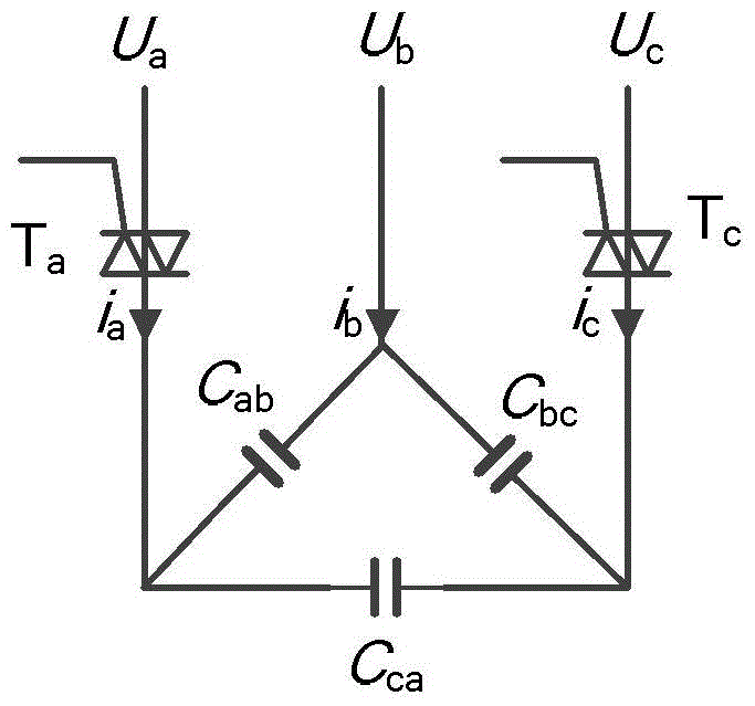 Three-phase capacitor with silicon controlled rectifier without phase sequence detection and synchronous non-delay switching control method