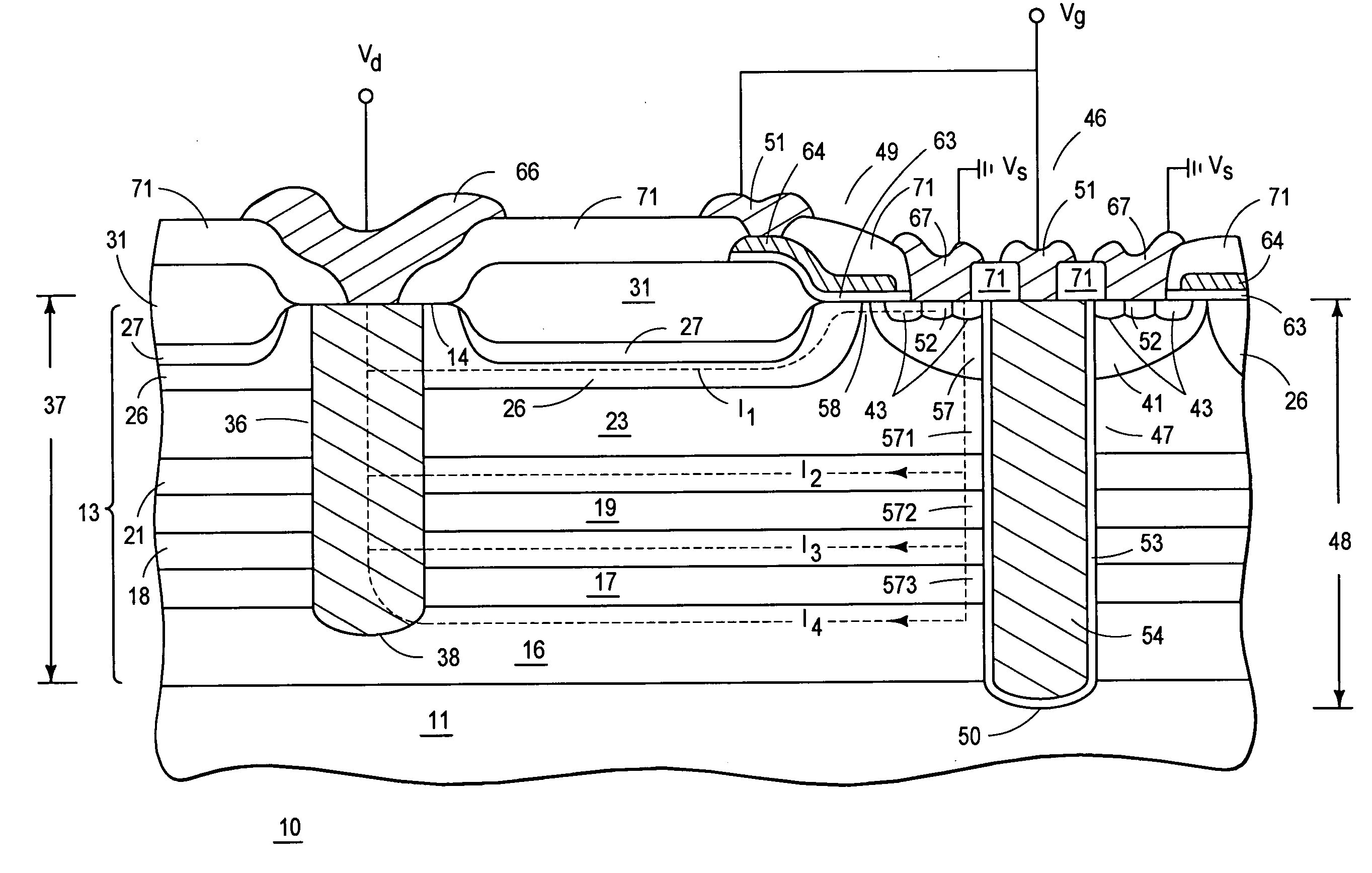 High voltage lateral FET structure with improved on resistance performance