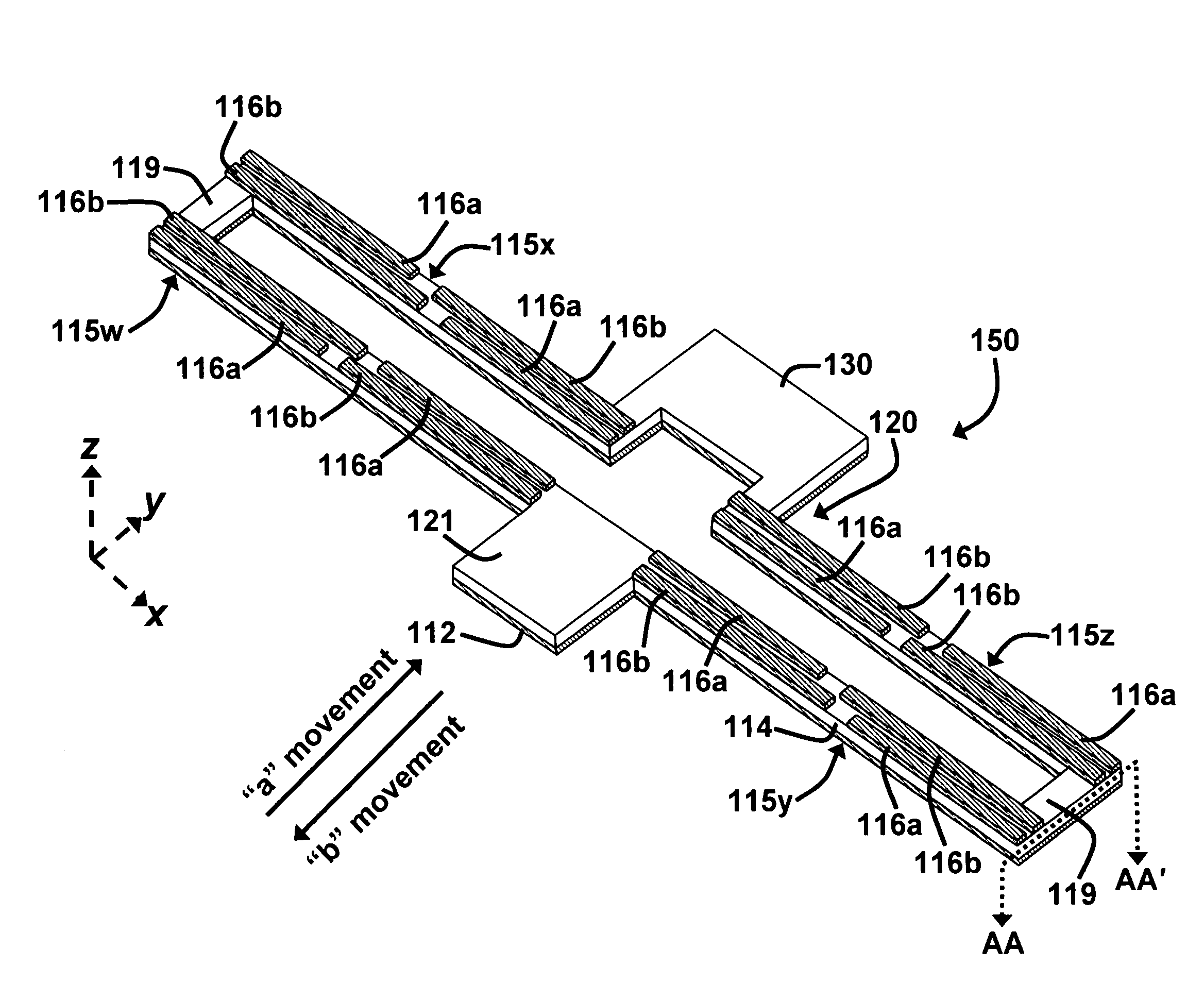 Lateral piezoelectric microelectromechanical system (MEMS) actuation and sensing device