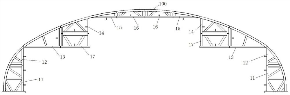 Large-load column-free arc-shaped top plate formwork and construction method thereof