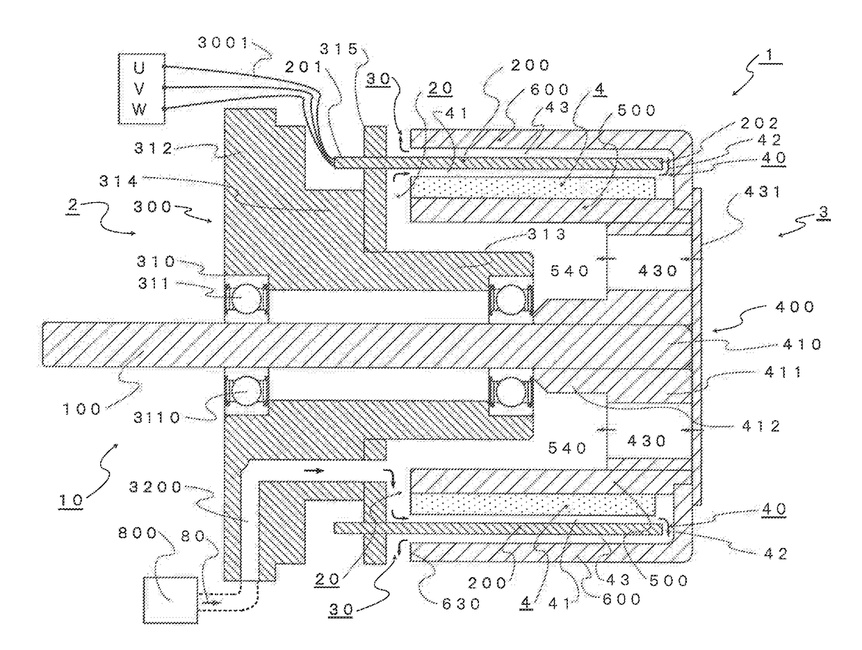 Coreless rotating electrical machine with stator including cylindrical coil and cooling method therefor