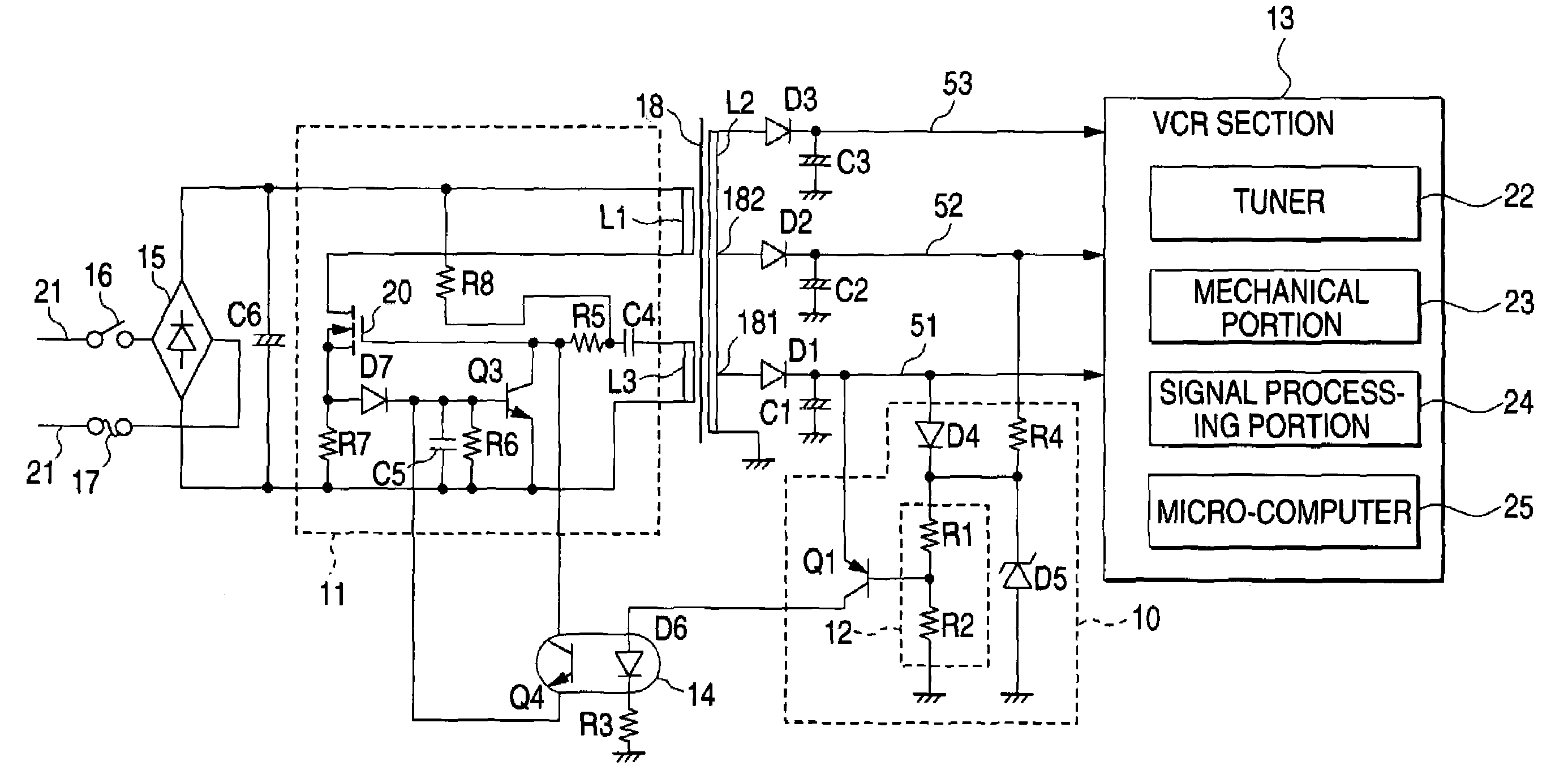 Video cassette recorder and RCC type switching power supply