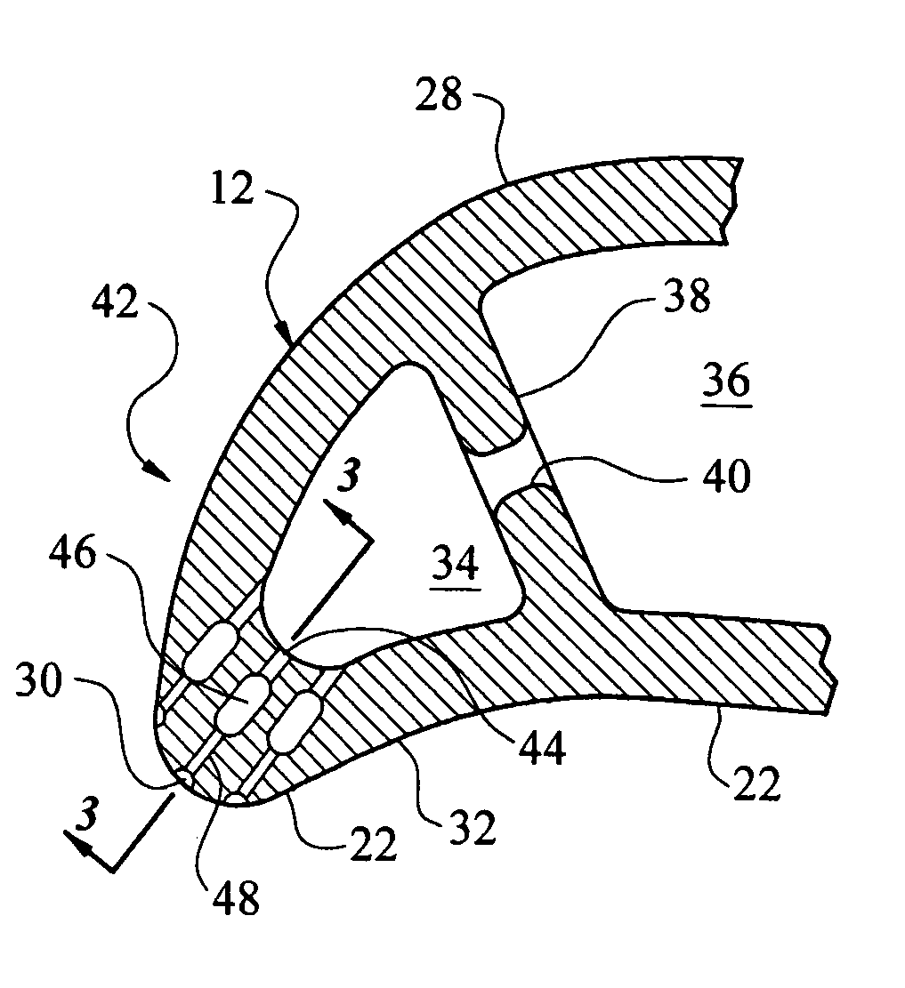 Leading edge diffusion cooling of a turbine airfoil for a gas turbine engine