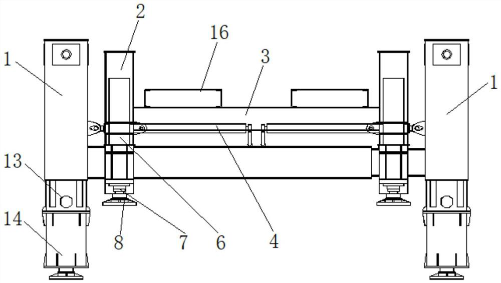 Front end support traverse device and traverse method for variable span double support and large displacement for trestle