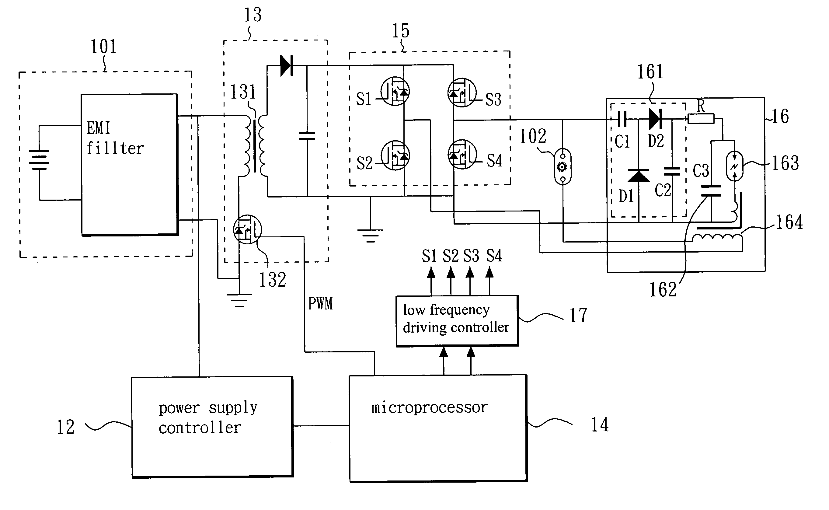 Low frequency triggered electronic ballast