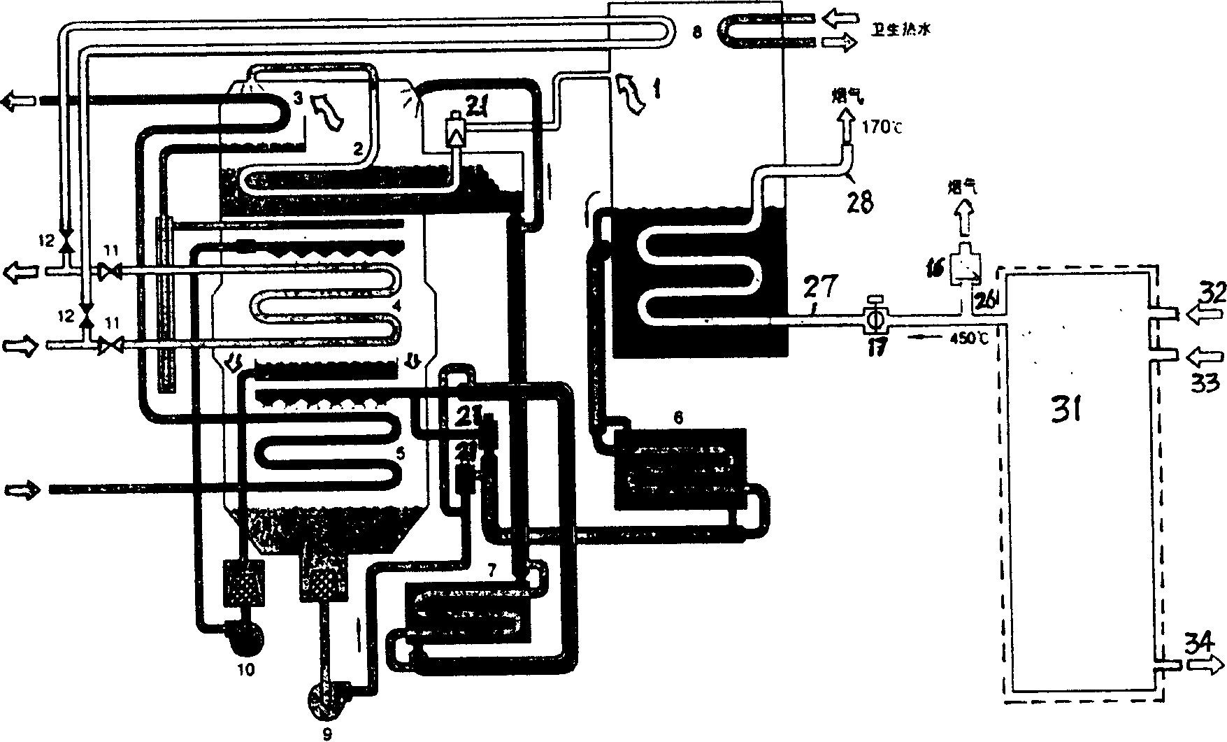 Apparatus for refrigeration or pyrogenicity or sanitary hot water using generator exhaust or residual heat