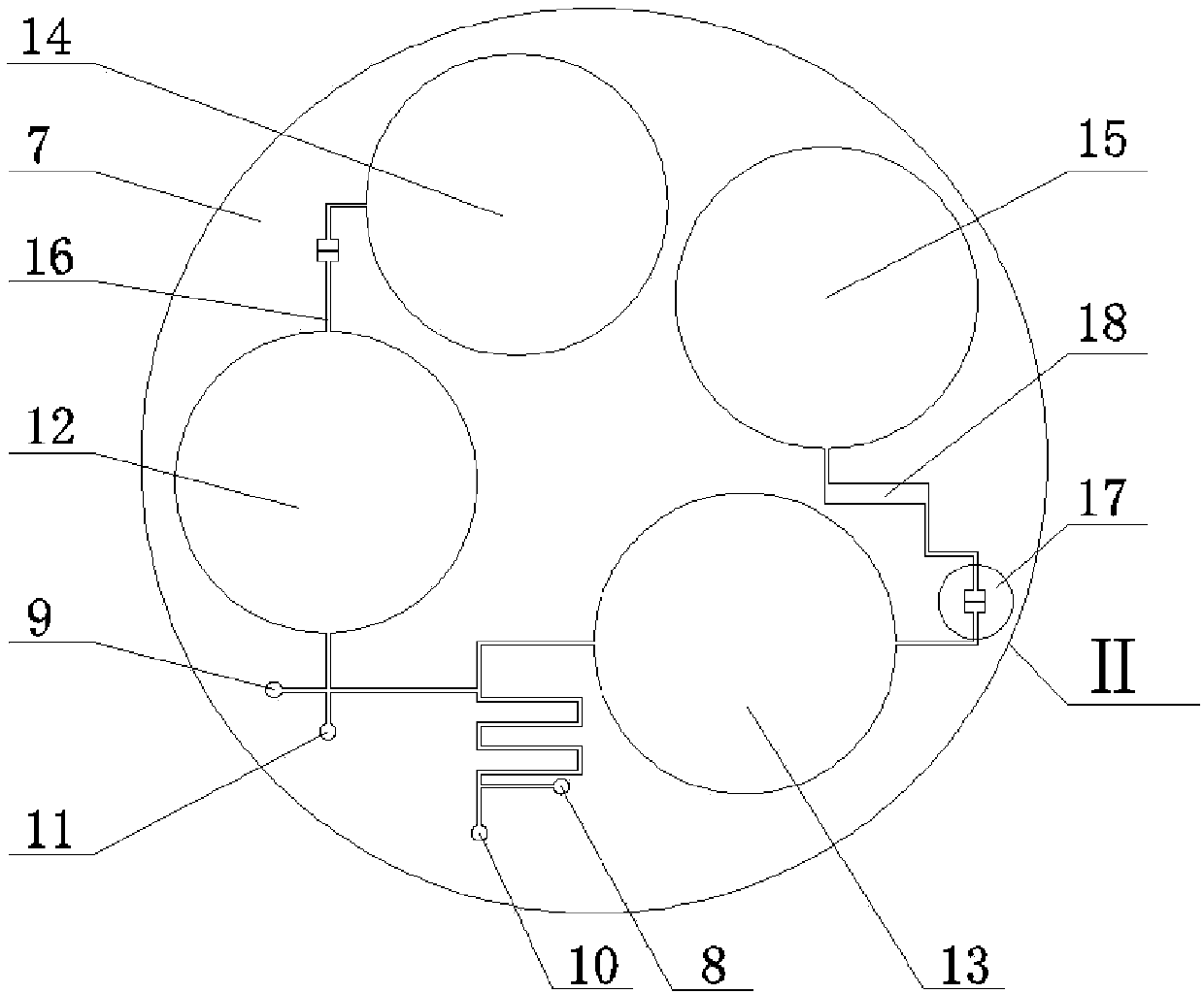 Microfluidics chip for detecting mixing with prestored liquid after quantitative flow separation