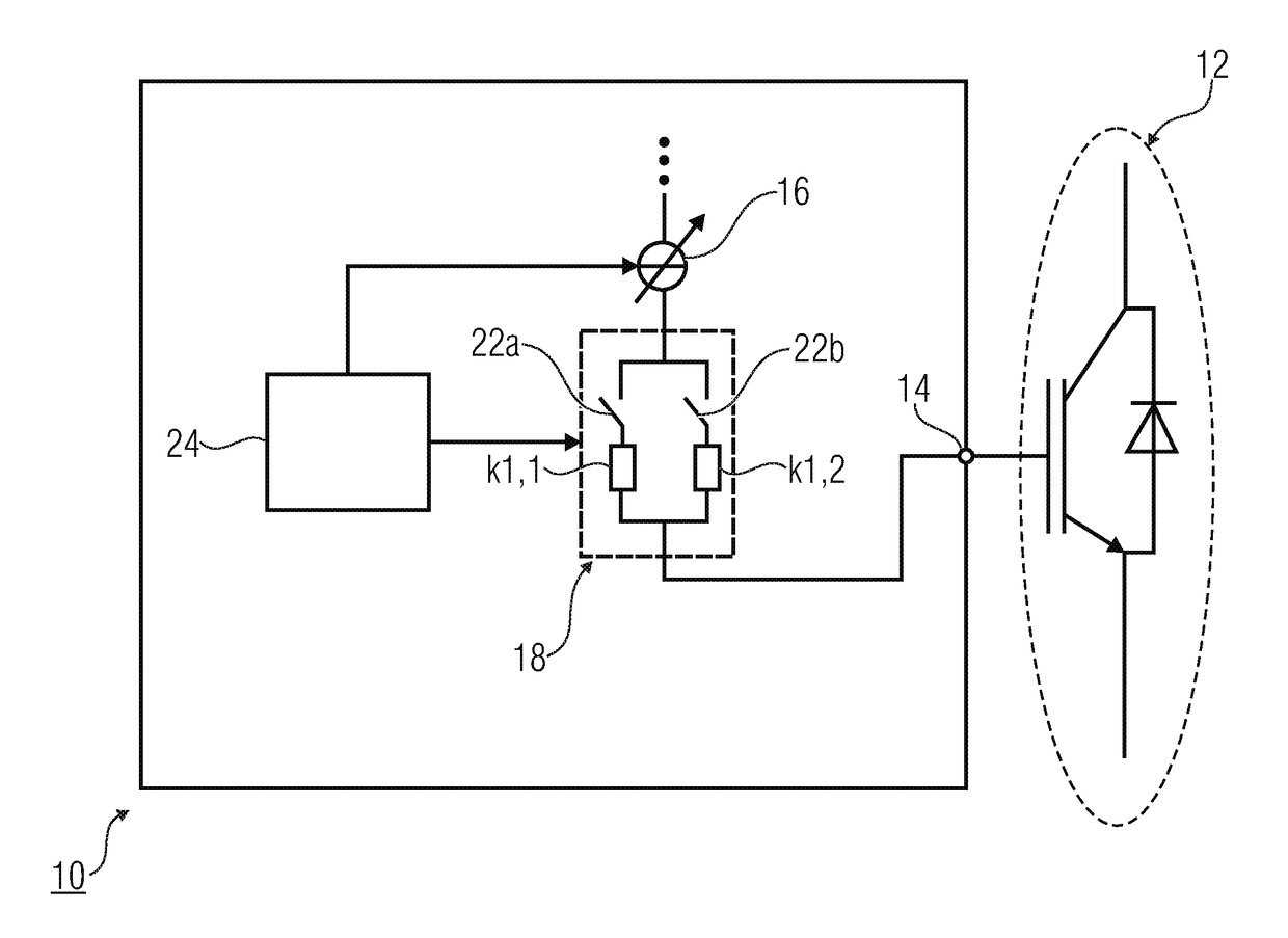 Device for switching a semiconductor-based switch and sensor for detecting a current change velocity at a semiconductor-based switch