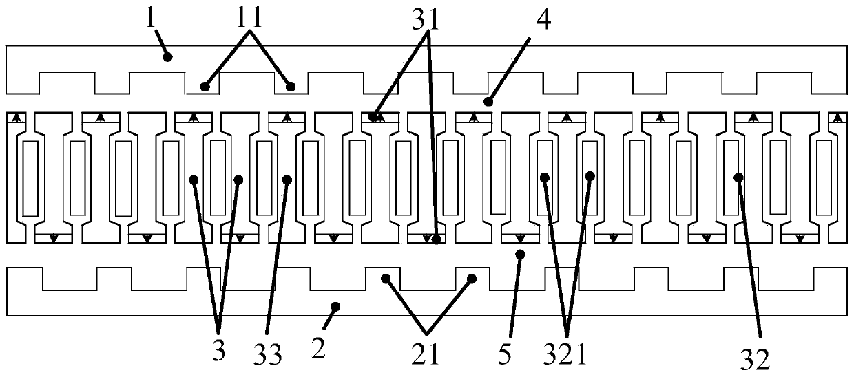 Primary permanent magnet bilateral linear magnetic field modulation motor and low magnetic resistance design method thereof