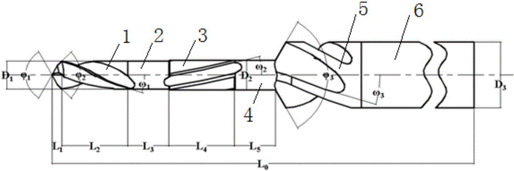 Drilling integrated tool of double-tapered angle laminated structure with variable spiral groove