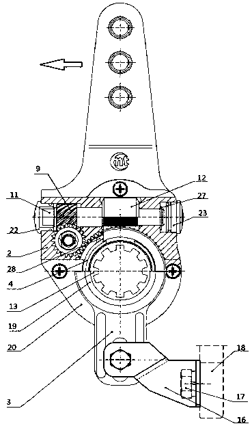 A manual automatic adjustment arm of automobile brake clearance