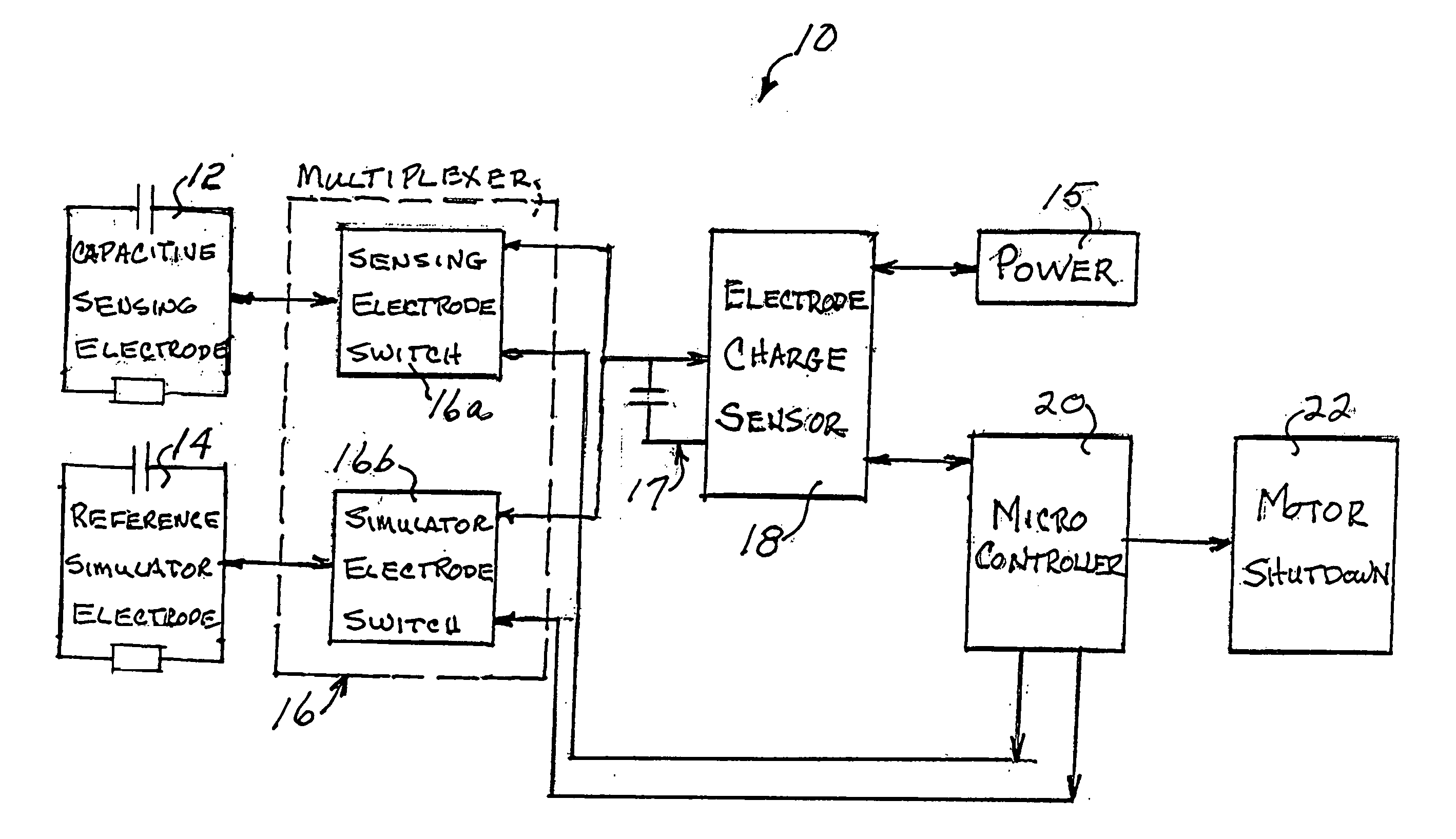 Operator sensing circuit for disabling motor of power equipment