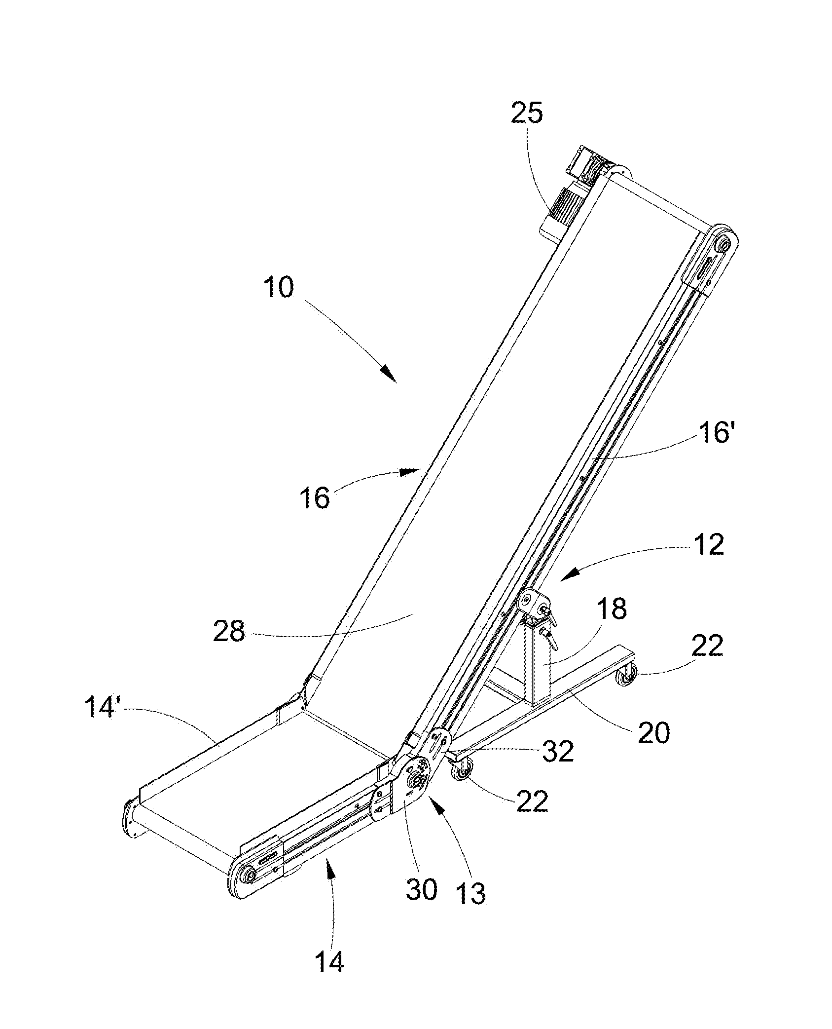 Elevator conveyor belt with adjustable slope