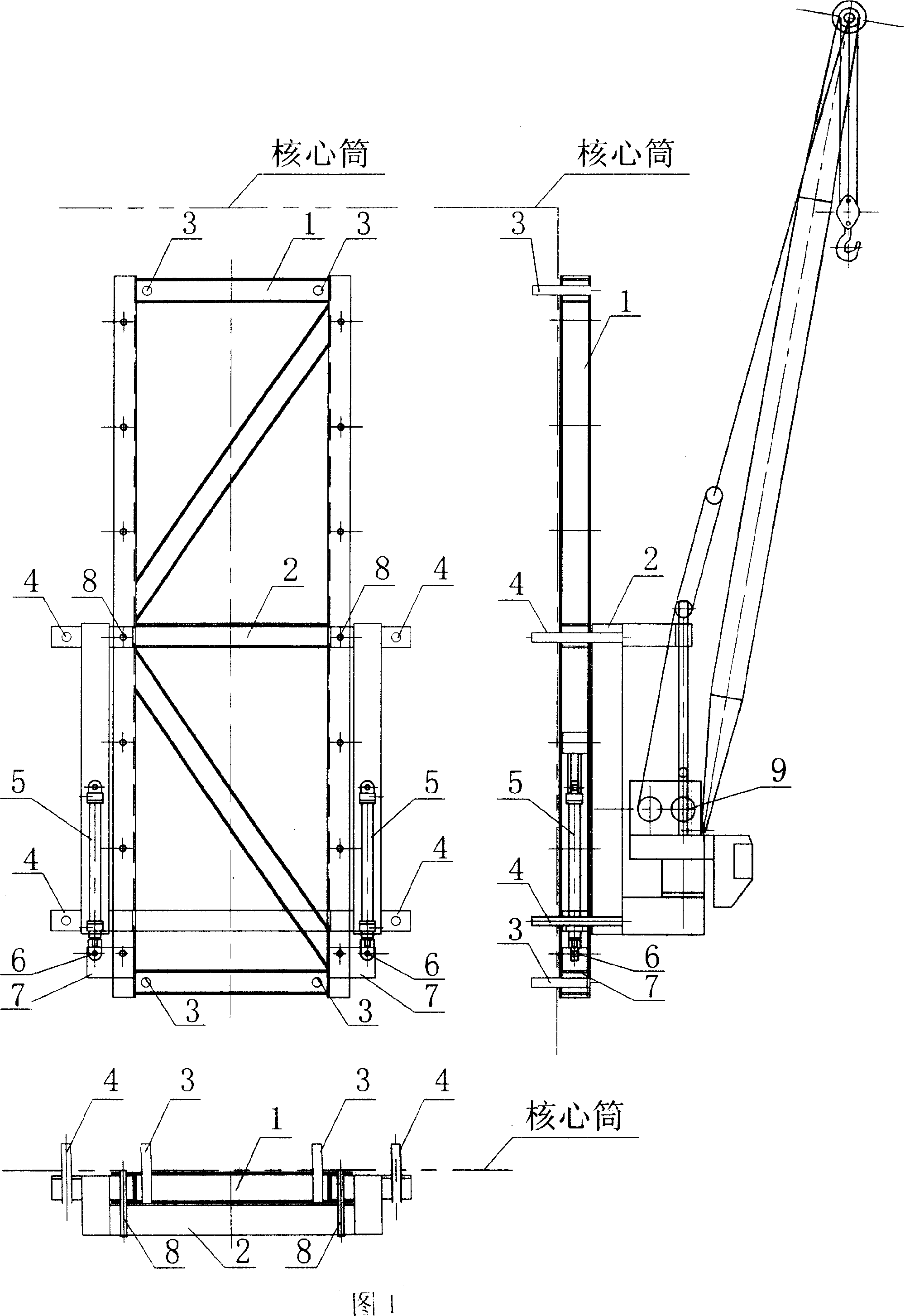 Self-lifting wall-attaching crane for superhigh-rise building construction with core drum